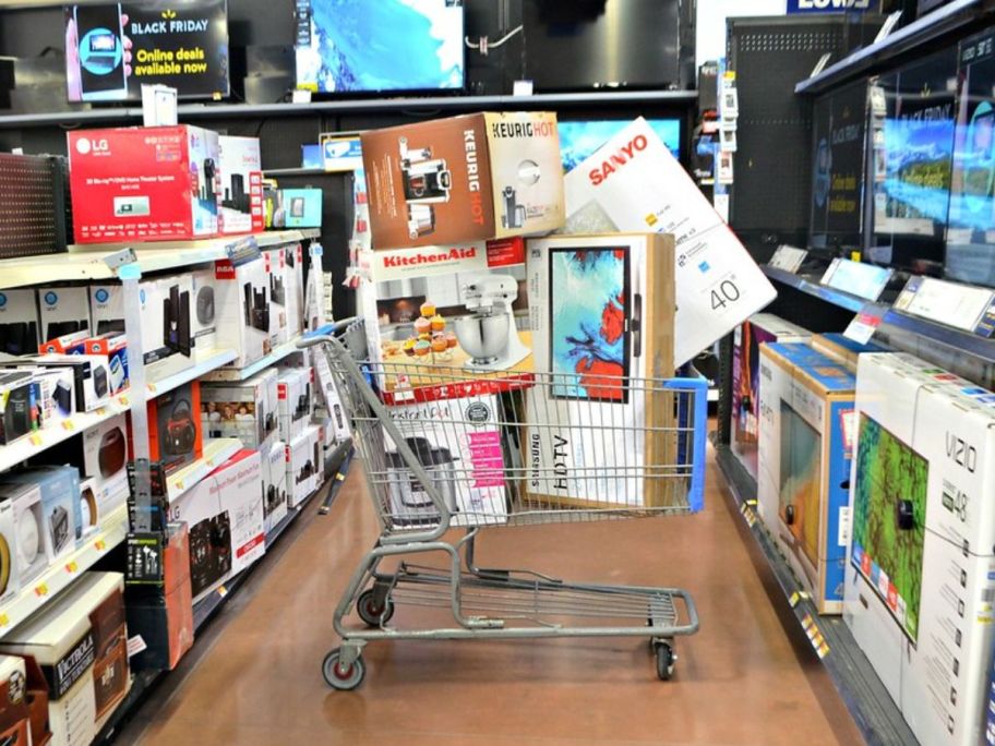 Walmart Shopping Cart with electronics and kitchen appliances in store
