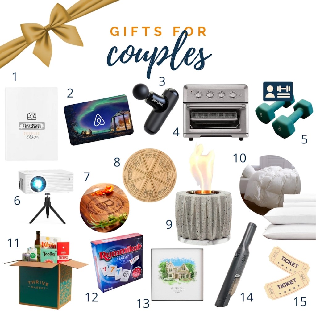 various stock photos of gift ideas for couples on white background numbered collage