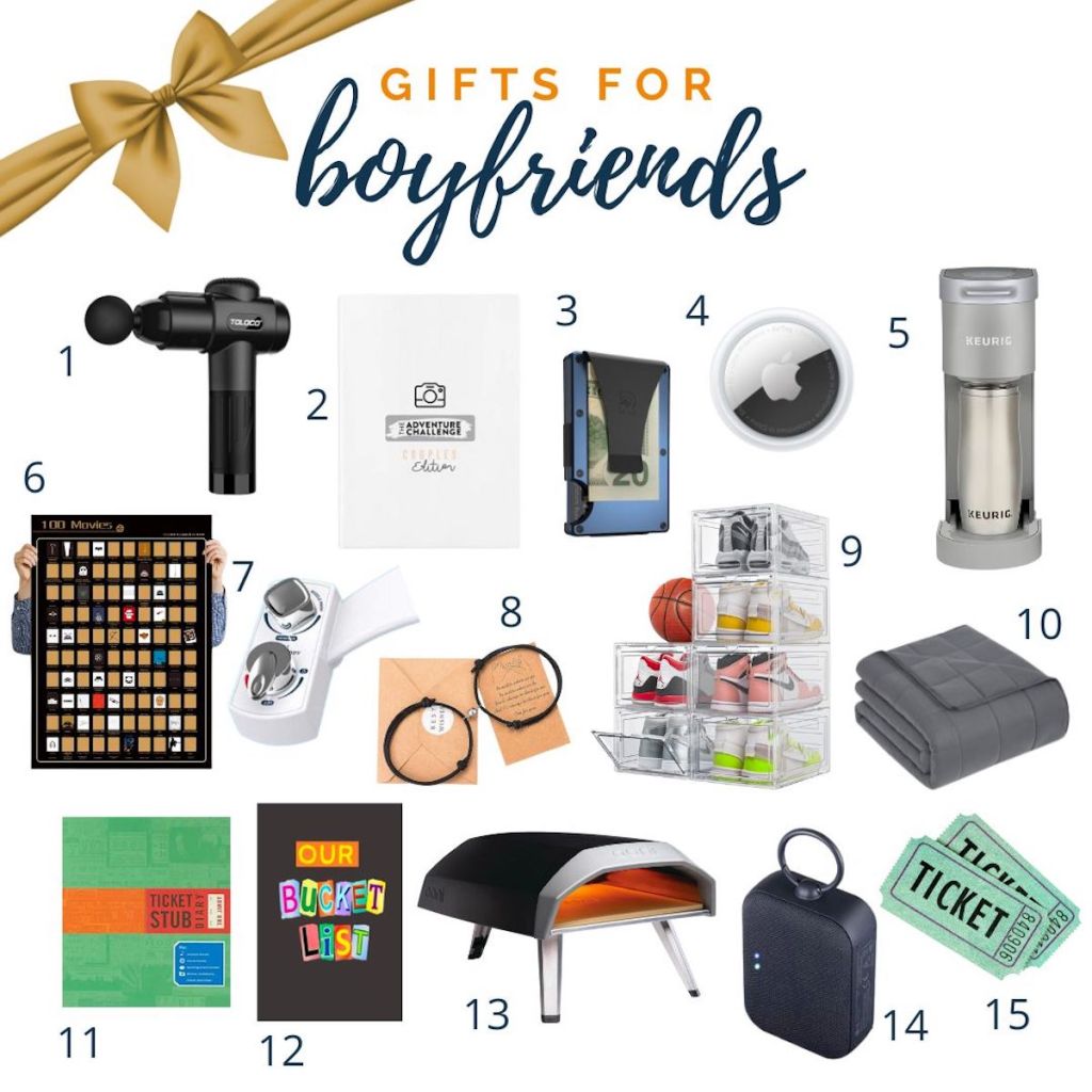 gift guide for boyfriends collage graphic with various numbered gift ideas