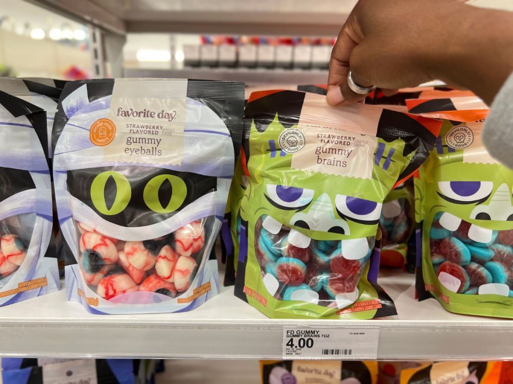 Favorite Day Halloween Resealable Bag Filled with Gummy Eyeballs - 7oz and Halloween Strawberry Flavored Gummy Brains - 7oz