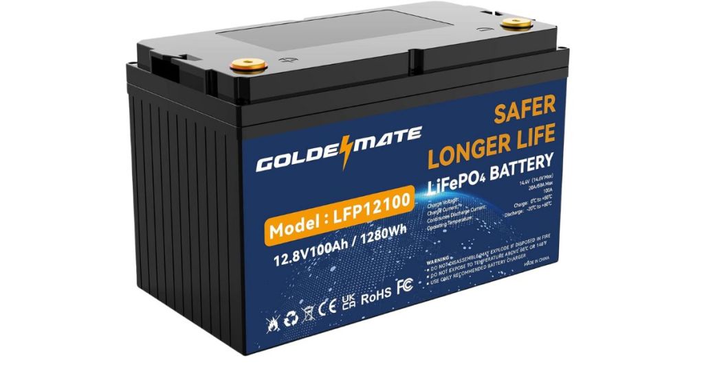 Goldenmate 12V 100Ah LiFePO4 Lithium Battery, Rechargeable Battery Up to 15000 Cycles