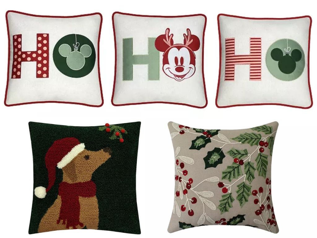 SNS Disney's Mickey Mouse HO HO HO 3-pack Pillow Set and Dog with Mistletoe and Holly Leaves Christmas Pillows