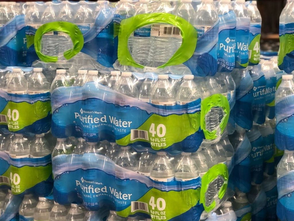 cases of Member's Mark Purified Water bottles stacked at Sam's Club 