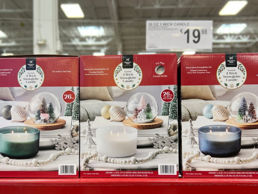 3-Wick Snowglobe Candles on display inside Sams Club store