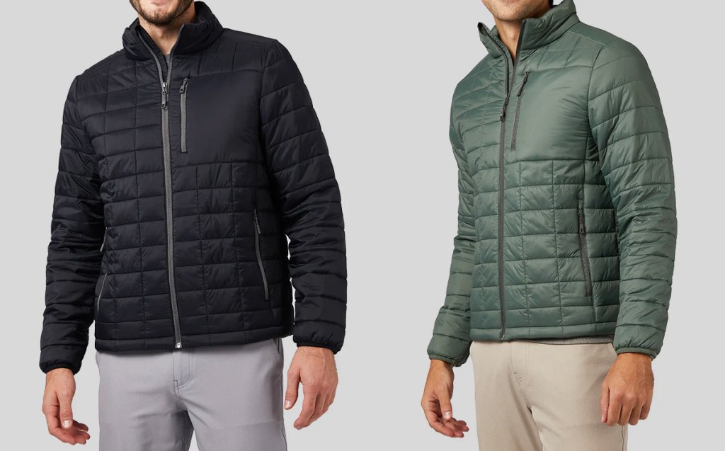 men in black and green quilted jackets