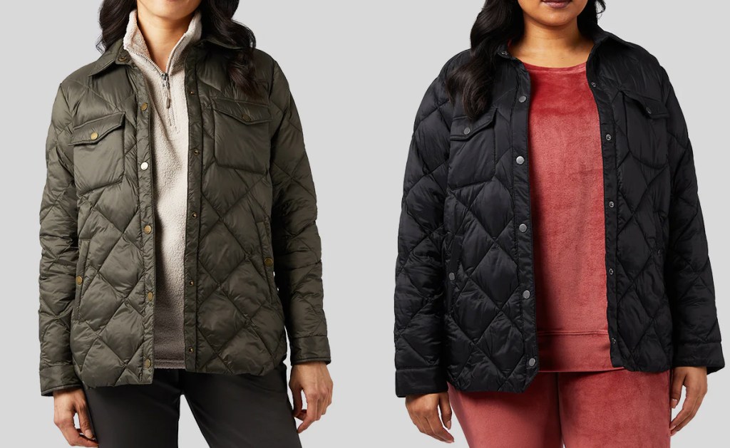 two women in green and black quilted jackets