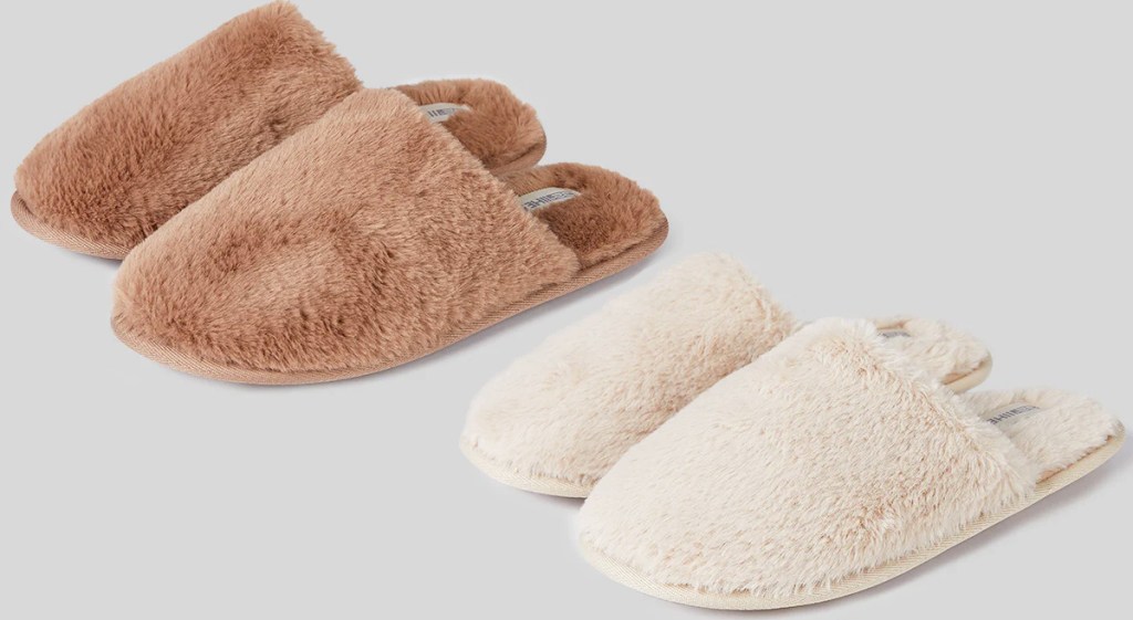 brown and white pairs of sherpa slippers