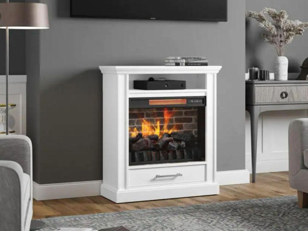 small white electric fireplace in living room