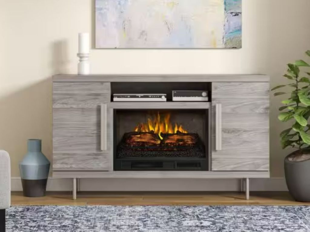 modern looking electric fireplace console in living room
