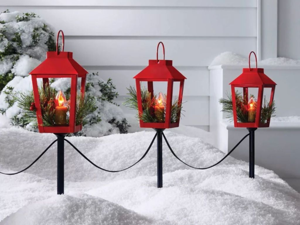 Wondershop 3pc Incandescent Red Metal Lantern with Greenery Christmas Novelty Path Light Clear