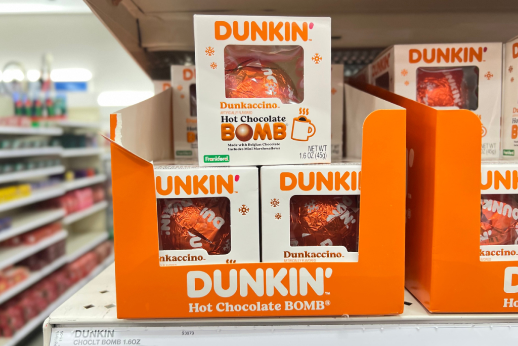 Dunkin Donuts Dunkaccino Hot Cocoa Bombs on a shelf at Target store
