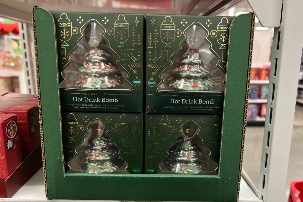 Target display with Holiday Tree Hot Cocoa Bombs in packages