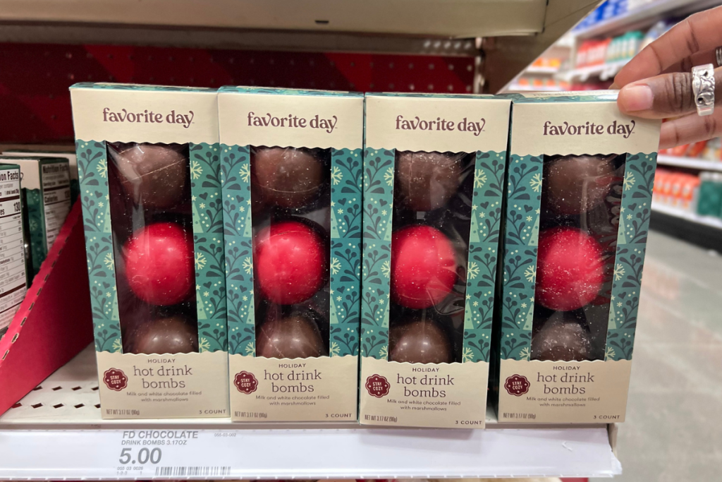 Target shelf displaying Favorite Day Holiday Hot Cocoa Drink Bombs