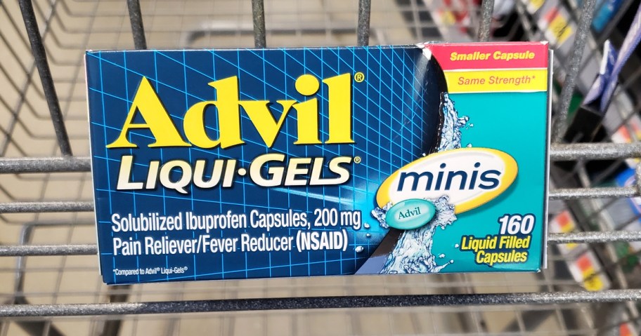 box of Advil Liqui-Gels Minis in a shopping cart