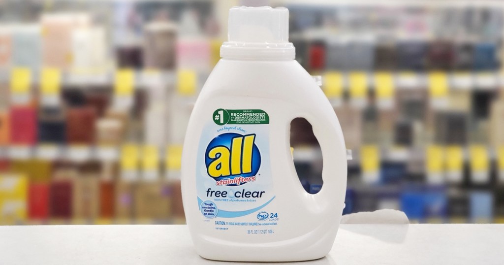 white bottle of All Free Clear Liquid Laundry Detergent