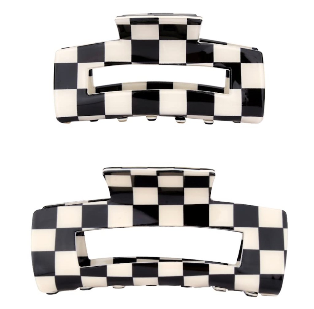 stock photo of two black and white checkered hair claw clips