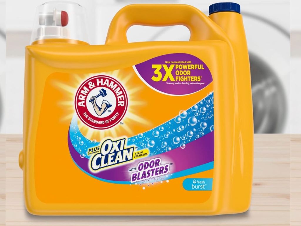 Arm & Hammer laundry detergent in front of a washing machine