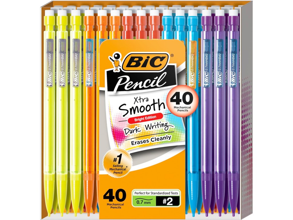 large box of BIC mechanical pencils in yellow, orange, red, blue, and purple colors