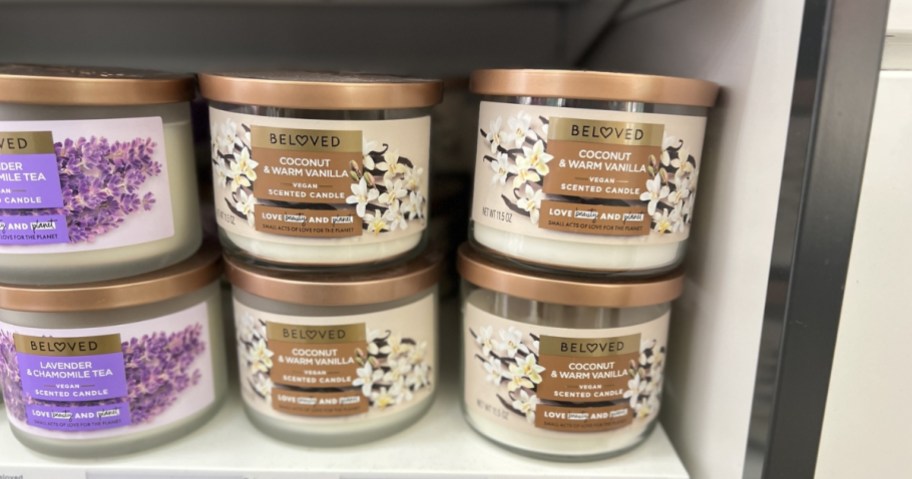 beloved 3-wick candles in coconut and warm vanilla in store