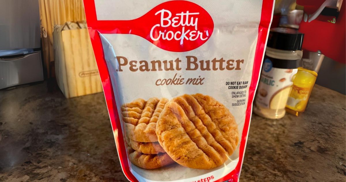 Betty crocker peanut butter cookie mix on a granite counter top