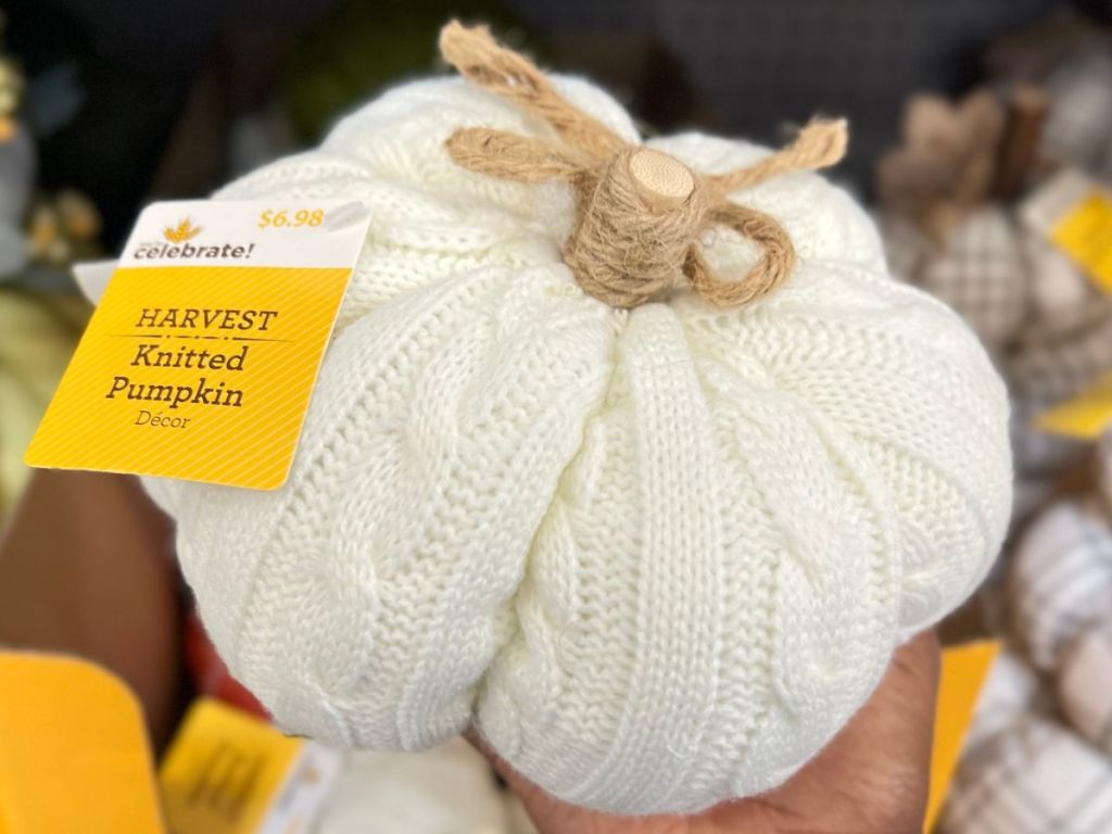 Cream colored cable knit fabric pumpkin at Walmart