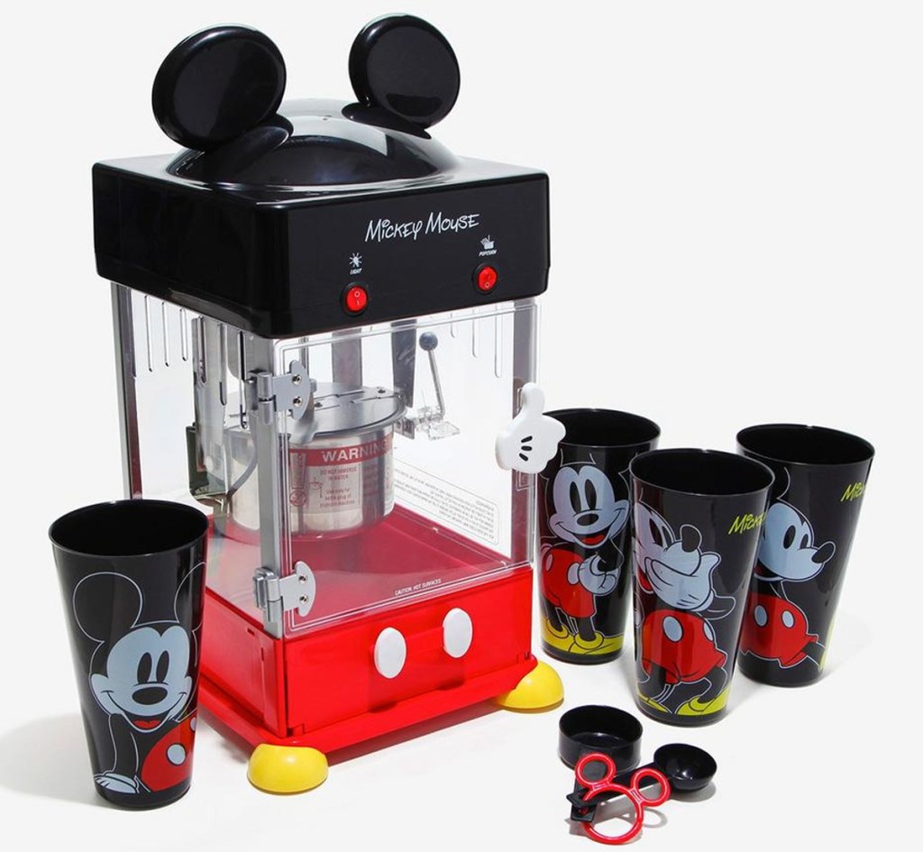 mickey mouse popcorn maker, cups, and measuring scoops