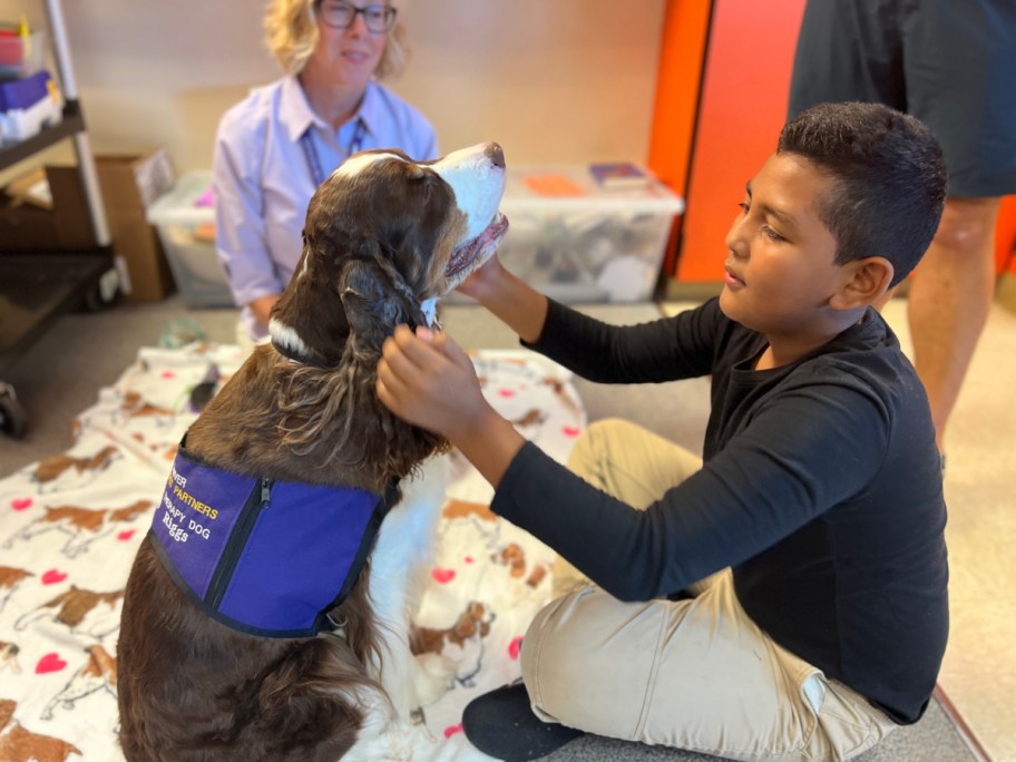 Dogs in the Classroom program where a student is playing with a therapy dog