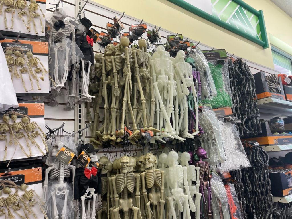 Skeletons hanging in a store