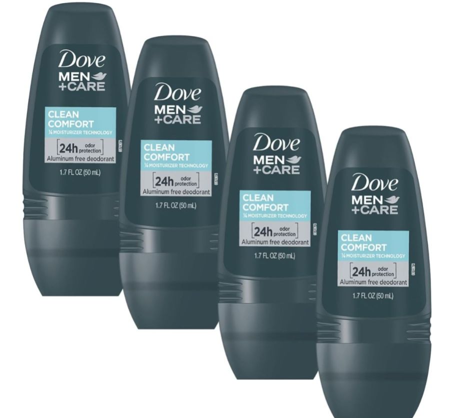 four bottles of dove mens deoderant on a white background