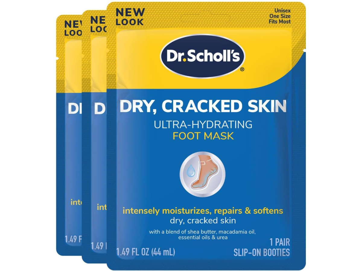 three packs of Dr. Scholl's Dry, Cracked Skin Ultra-Hydrating Foot Masks 