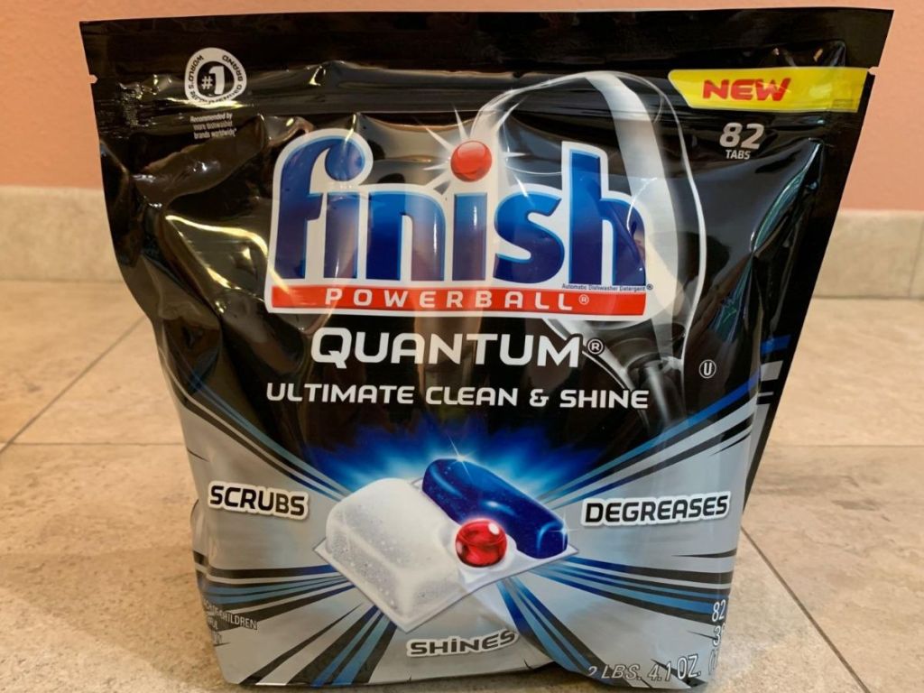 A bag of finish quatum dishwasher tabs