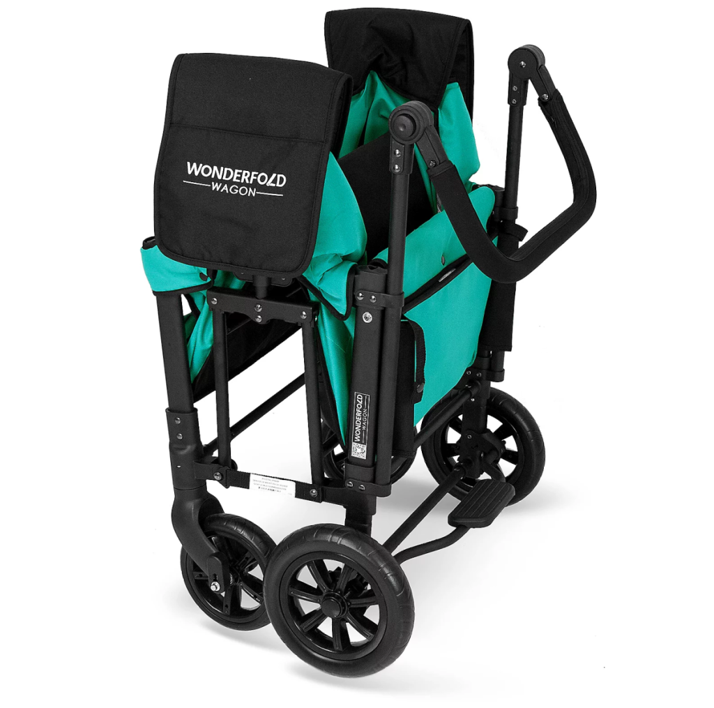 A folded WonderFold Wagon Double Stroller in teal from QVC