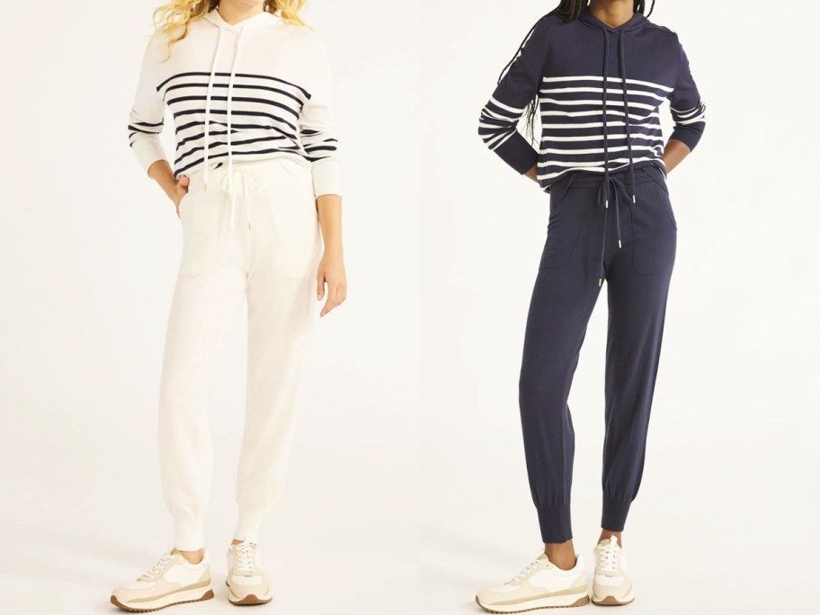 women in white and navy blue jogger outfits with striped long sleeve tops