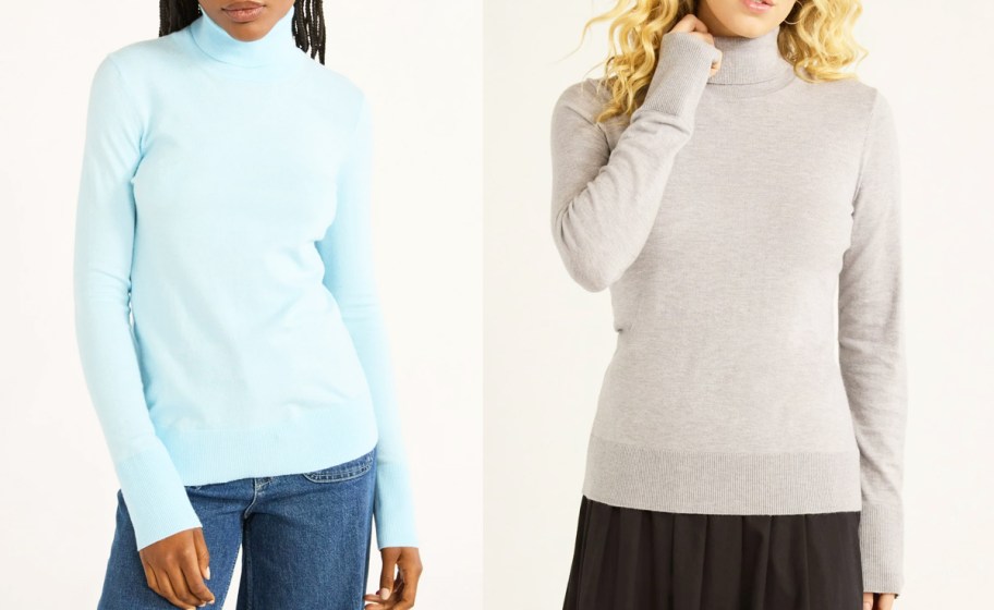 two women in light blue and light grey turtleneck sweaters