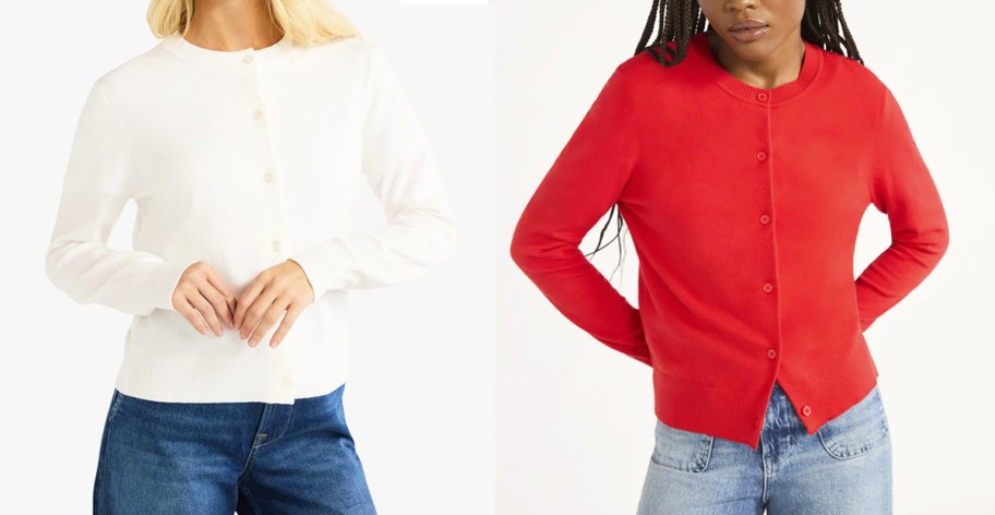 women in white and red cardigan sweaters