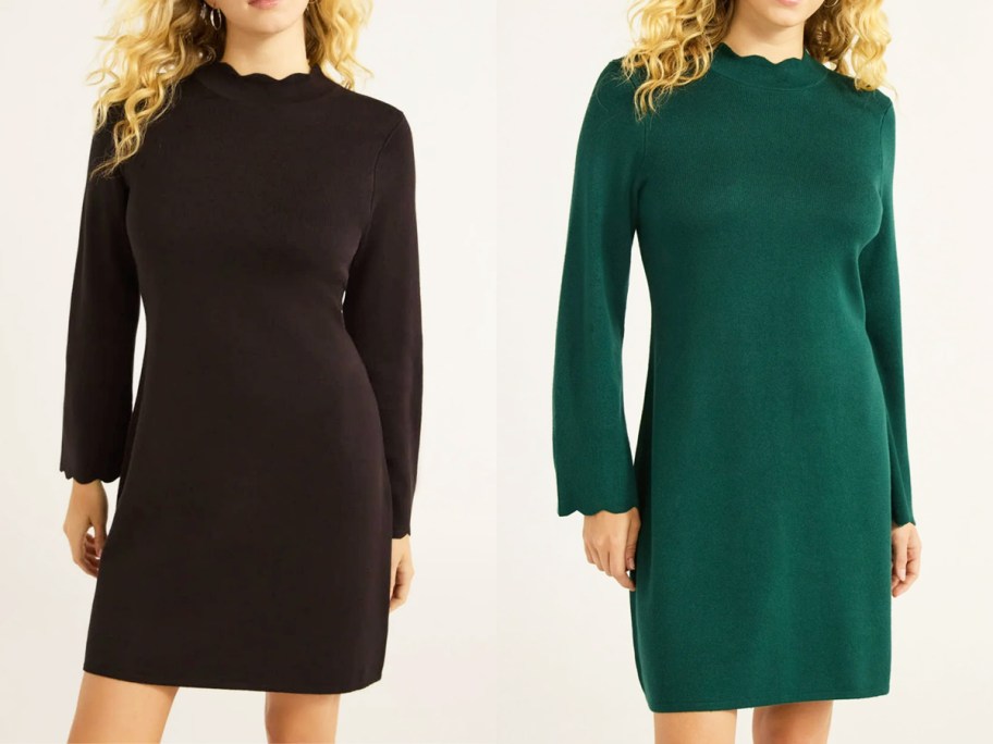 women in black and green long sleeve sweater dresses