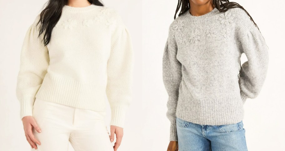 two women in white and light grey sweaters