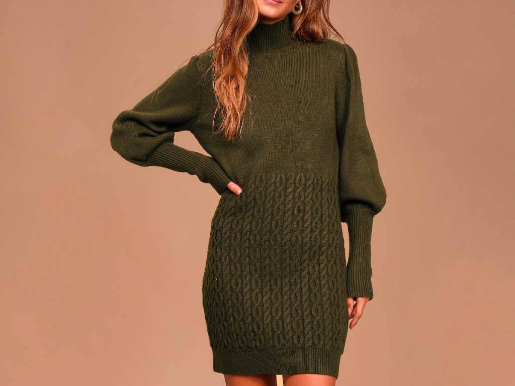 Fresh Perspective Olive Green Knit Turtleneck Sweater Dress