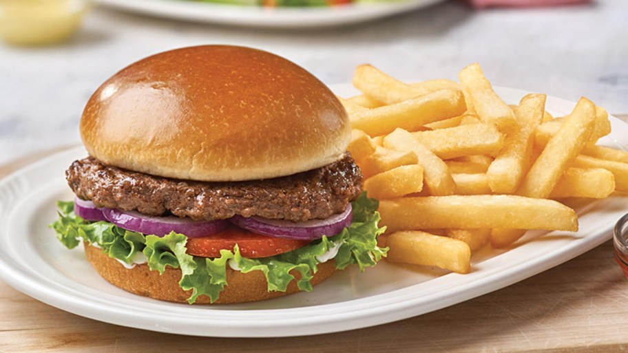 burger and fries on white plate