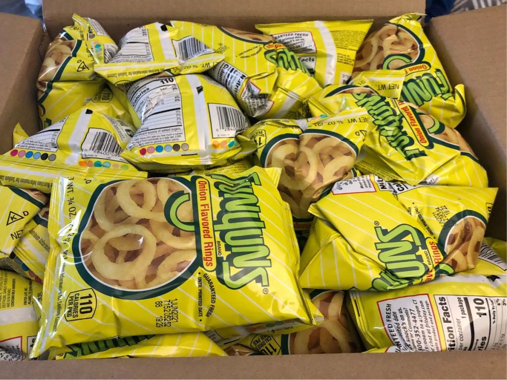 Open Box of Single Serve bags of Funyuns
