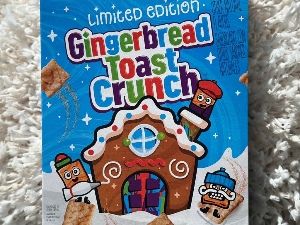 Gingerbread Cinnamon Toast Crunch displayed on top of a white mantle