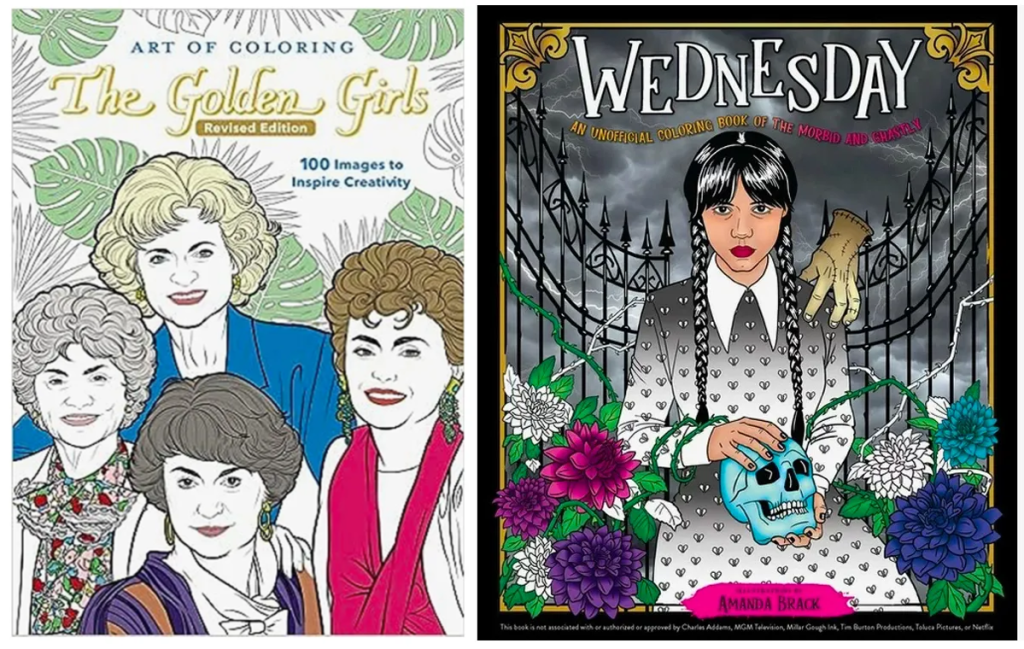 Adult coloring books of popular tv shows Golden Girls and Wednesday