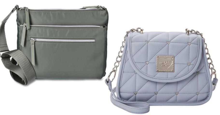 olive green crossbody bag with silver zippers and a light bluish purple quilted crossbody bag