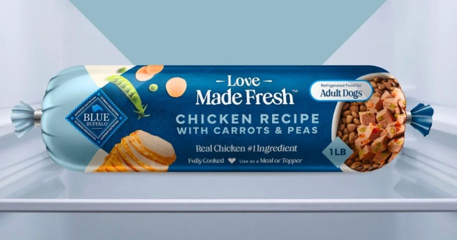 a Blue Buffalo Love Made Fresh Dog Food roll on a fridge shelf