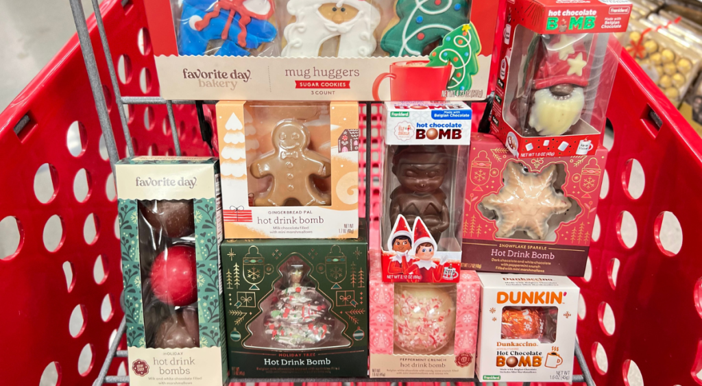 Target shopping cart with hot cocoa bombs in various holiday shapes and sizes