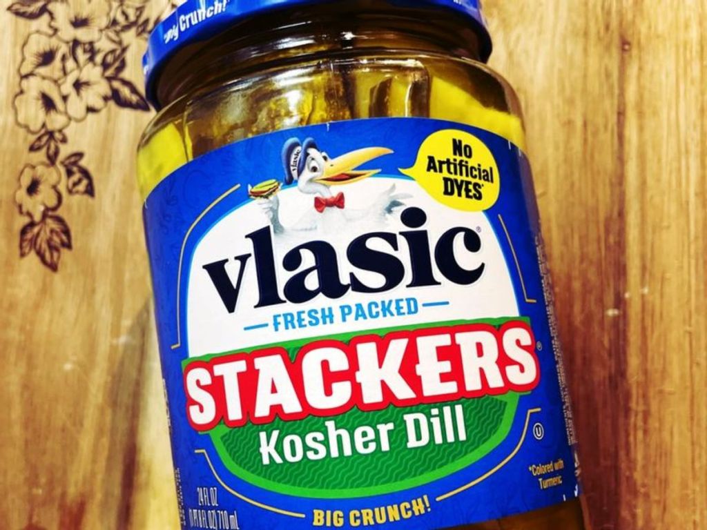 Vlasic Stackers Kosher Dill Pickles 24oz Jar on wood counter