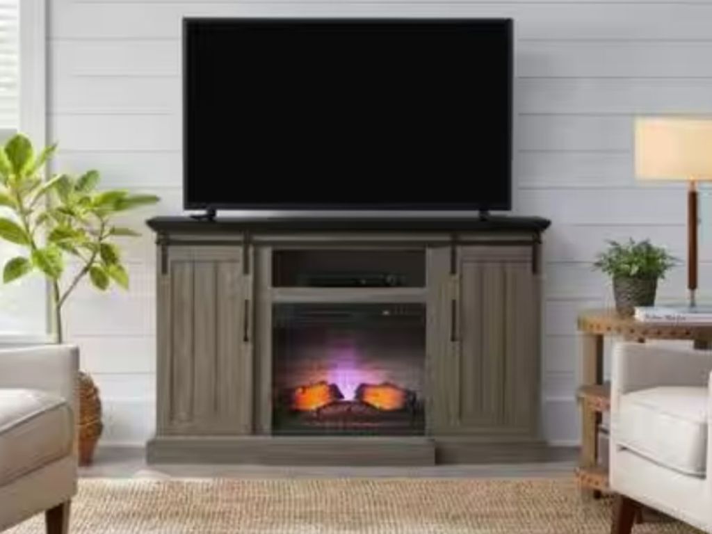 medium brown fireplace tv stand in living room