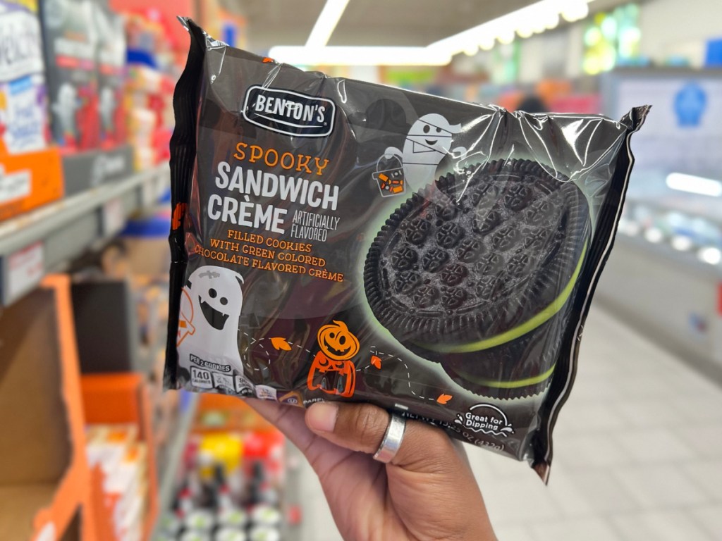 Hand holding Benton's Spooky Chocolate Sandwich Cremes