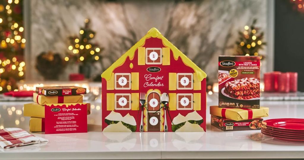 Stouffer's Comfort Advent Calendar 2023 shown with meals, plates, napkins on a counter