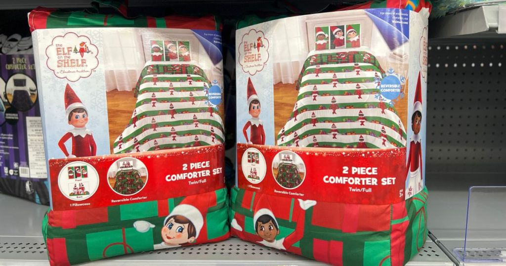 Elf on the Shelf Reversible Comforter & Pillowcase Set on shelf at Walmart